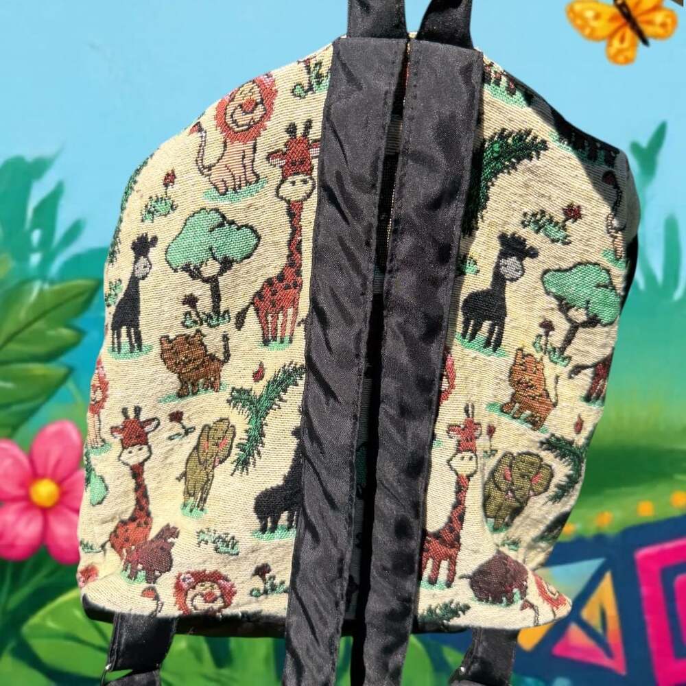 Vintage Tapestry Safari Animal Print Drawstring Mini Backpack *flaws!*